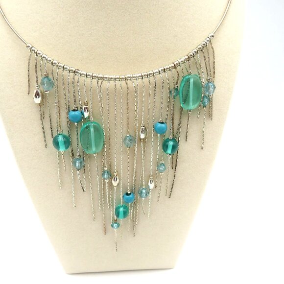 Fringe Choker Necklace 19" Memory Wire Silver Tone Dangling Chains Blue Lucite - Picture 2 of 5